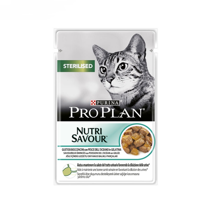غذای-پوچ-ژلاتینی-گربه-عقیم-شده-استریلایزد-طعم-ماهی-پروپلن-Purina-Pro-Plan-Nutrisavour-Sterilised-Pouch-وزن-85-گرم