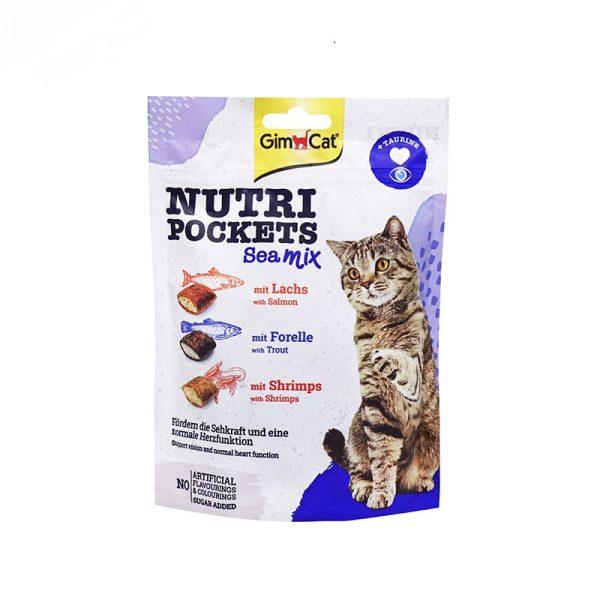 تشویقی-گربه-طعم-میکس-سالمون،-قزل-آلا-و-میگو-جیم-کت-GimCat-Nutri-Pockets-Sea-Mix-Crunchy-وزن-150-گرم