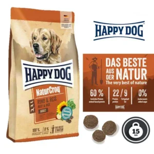 غذای خشک سگ بالغ طعم بیف نیچرکراک هپی داگ (Happy Dog Naturcroq Beef & Rice) وزن 15 کیلوگرم