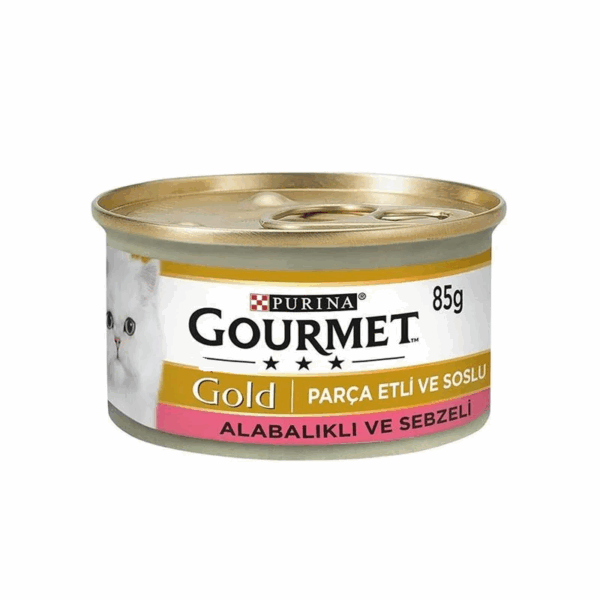 کنسرو-گربه-گورمه-گلد-چانک-با-طعم-قزل-آلا-و-سبزیجات-Gourmet-Gold-Chunks-in-Gravy-Salmon-Vegetables-وزن-85-گر