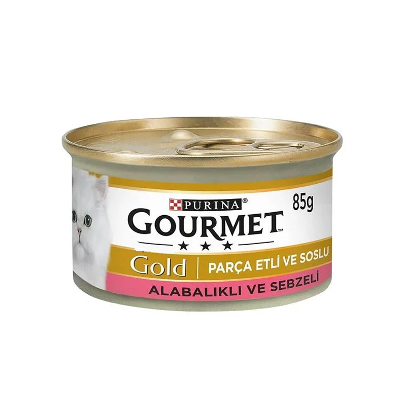 کنسرو-گربه-گورمه-گلد-چانک-با-طعم-قزل-آلا-و-سبزیجات-Gourmet-Gold-Chunks-in-Gravy-Salmon-Vegetables-وزن-85-گر